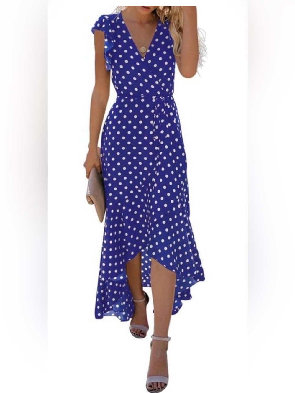 Royal Blue & White Polka Dot V‑Neck High‑Low Maxi Dress